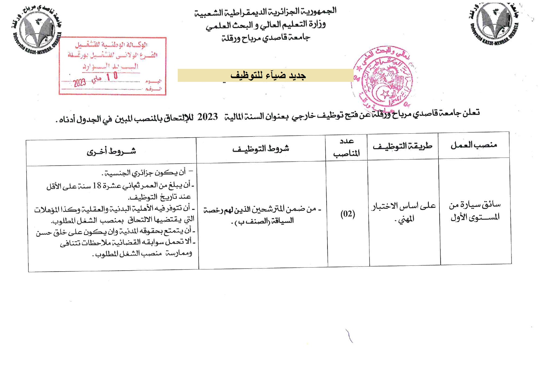 اعلان توظيف بولاية ورقلة اعلان عن توظيف بجامعة قاصدي مرباح UNIV OUARGLA لولاية ورقلة