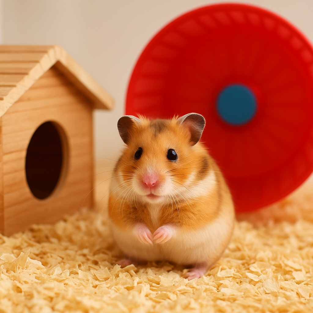 هامستر مع بيت خشبي