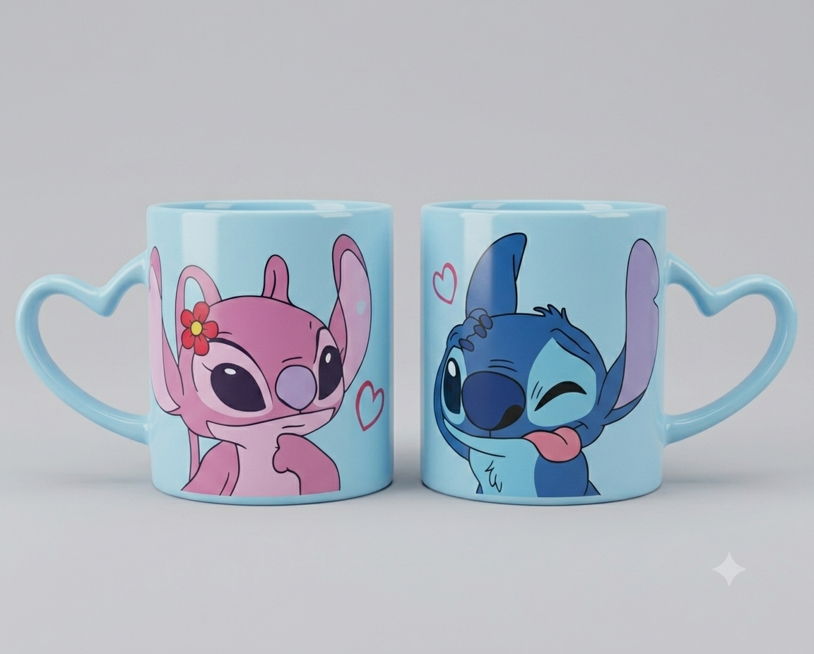 طقم مجات سيراميك Stitch & Angel بمقبض قلب – Heart Handle Couple Mug Set
